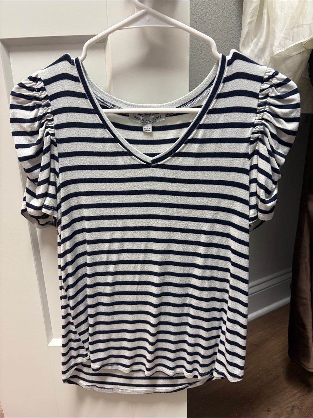 Women's Navy and White Striped V-Neck Puff Sleeve Top
